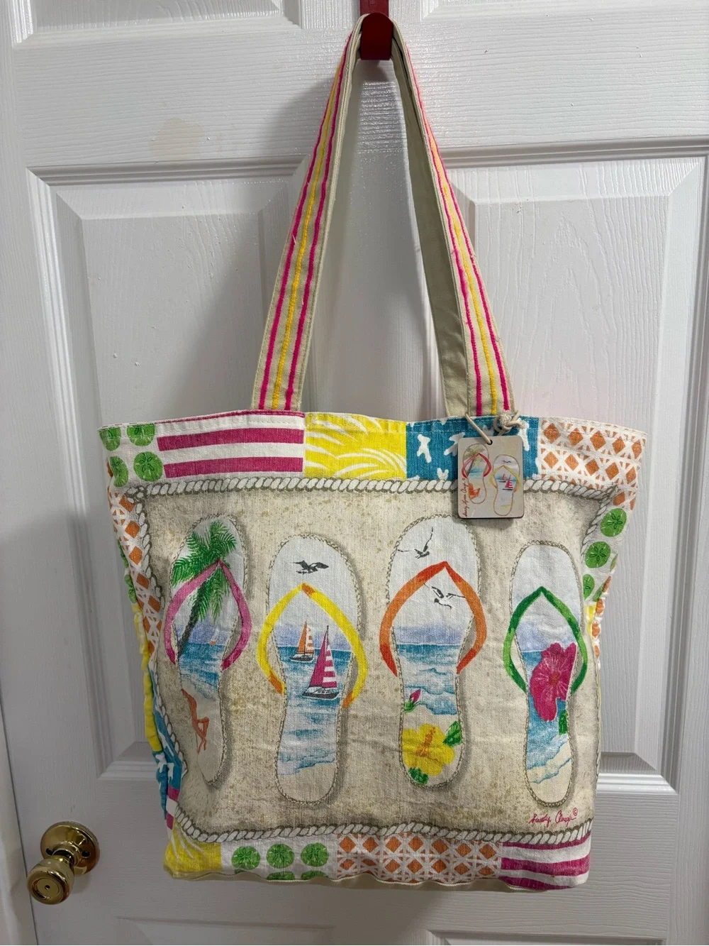 Sandy Clough colorful flip-flop print canvas beach tote bag,  12 by 16 by 5”